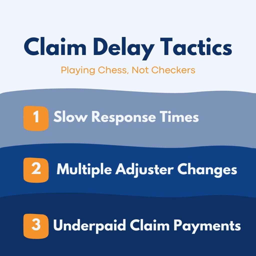 Insurance company delay tactics include slow response times, multiple adjuster changes, and underpaid claim payments.