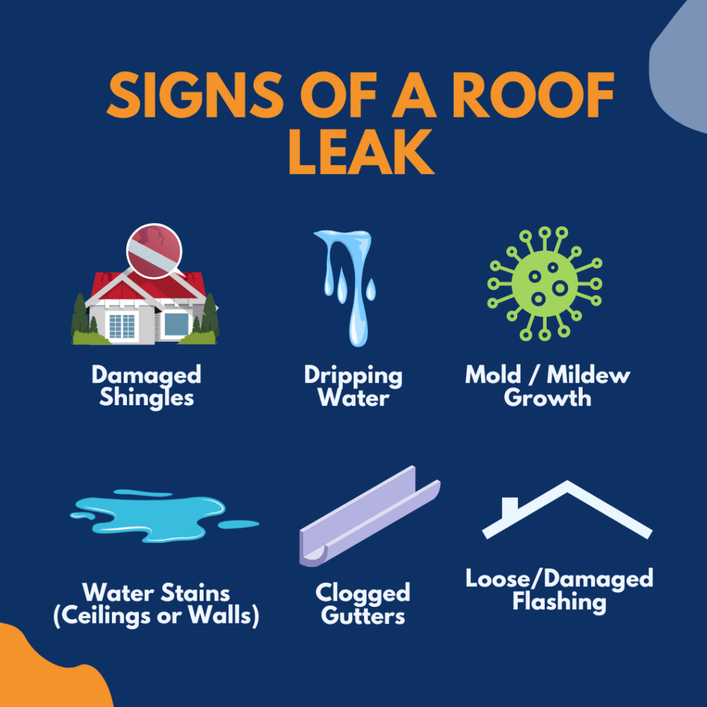 Signs of a roof leak include:
Damaged shingles, dripping water, mold/mildew growth, water stains on ceilings or walls, clogged gutters, loose or damaged flashing